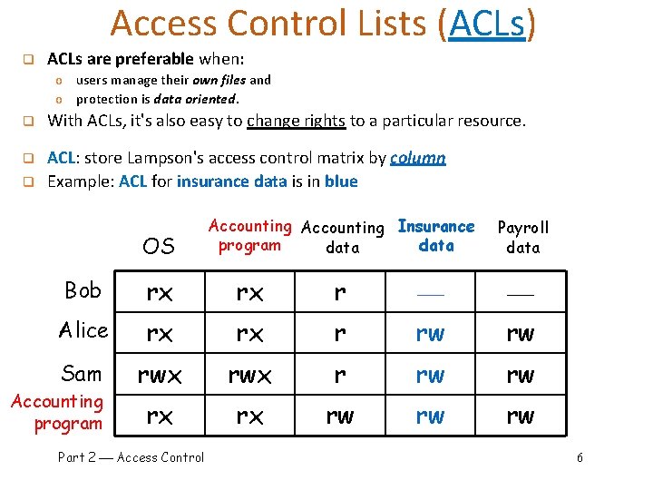 Access Control Lists (ACLs) q ACLs are preferable when: o users manage their own