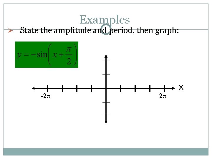 Examples Ø State the amplitude and period, then graph: -2π 2π x 