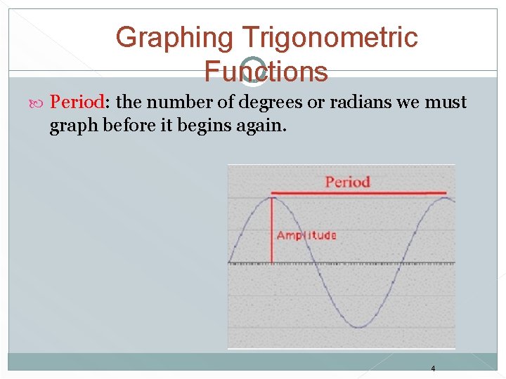 Graphing Trigonometric Functions Period: the number of degrees or radians we must graph before