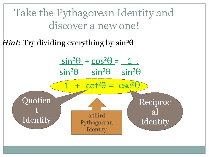 Take the Pythagorean Identity and discover a new one! Hint: Try dividing everything by