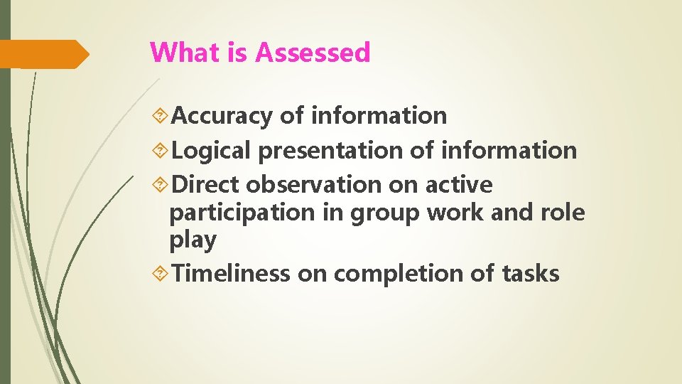 What is Assessed Accuracy of information Logical presentation of information Direct observation on active