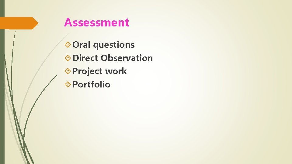 Assessment Oral questions Direct Observation Project work Portfolio 