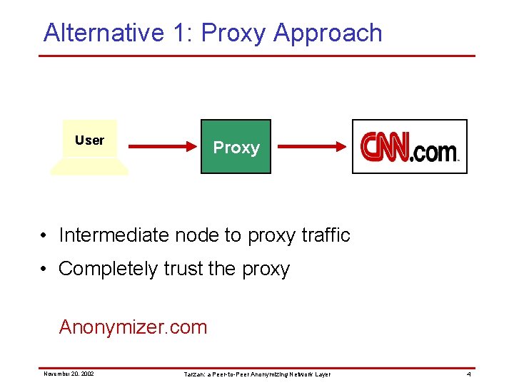 Alternative 1: Proxy Approach User Proxy • Intermediate node to proxy traffic • Completely