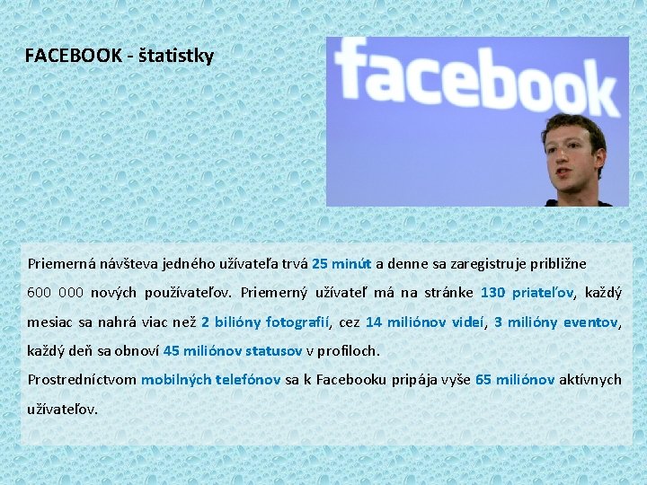 FACEBOOK - štatistky Priemerná návšteva jedného užívateľa trvá 25 minút a denne sa zaregistruje FACEBOOK - štatistky Priemerná návšteva jedného užívateľa trvá 25 minút a denne sa zaregistruje