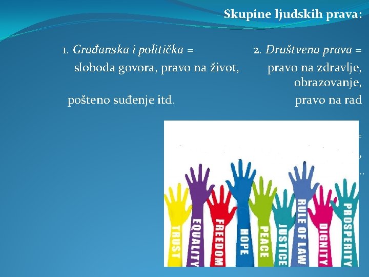 - Skupine ljudskih prava: 1. Građanska i politička = sloboda govora, pravo na život,