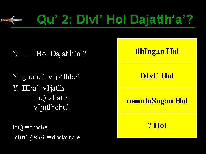 Qu’ 2: DIv. I’ Hol Dajatlh’a’? X: . . . Hol Dajatlh’a’? tlh. Ingan