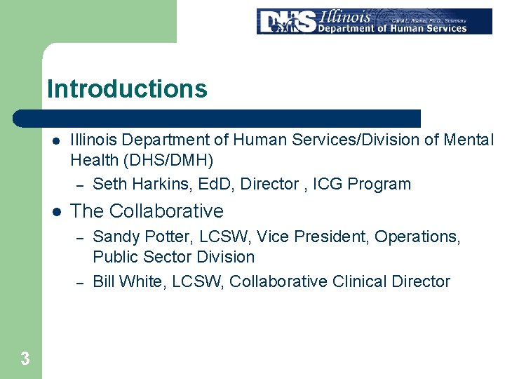Introductions l Illinois Department of Human Services/Division of Mental Health (DHS/DMH) – Seth Harkins,