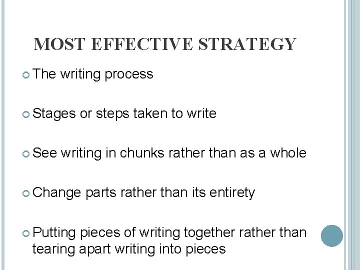 MOST EFFECTIVE STRATEGY The writing process Stages See or steps taken to write writing