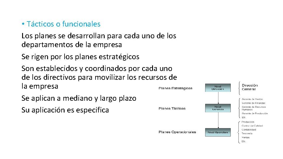  • Tácticos o funcionales Los planes se desarrollan para cada uno de los