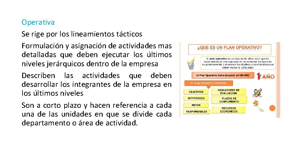 Operativa Se rige por los lineamientos tácticos Formulación y asignación de actividades mas detalladas