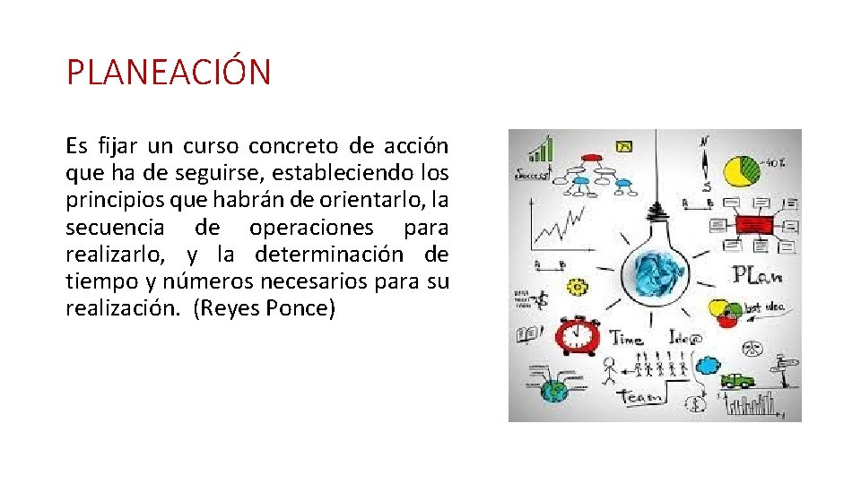 PLANEACIÓN Es fijar un curso concreto de acción que ha de seguirse, estableciendo los