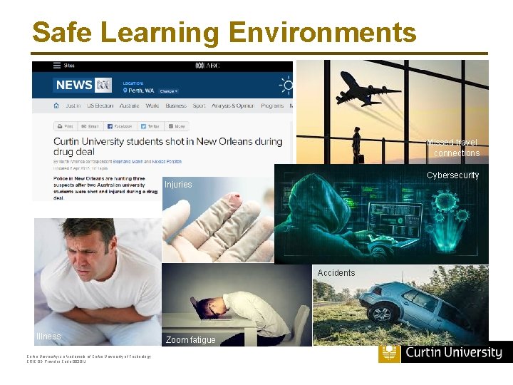 Safe Learning Environments Missed travel connections Cybersecurity Injuries Accidents Illness Curtin University is a