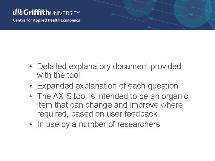  • Detailed explanatory document provided with the tool • Expanded explanation of each