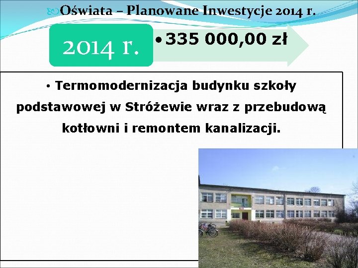  Oświata – Planowane Inwestycje 2014 r. • 335 000, 00 zł • Termomodernizacja