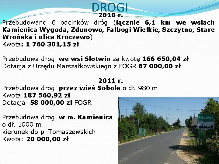 DROGI 2010 r. Przebudowano 6 odcinków dróg (łącznie 6, 1 km we wsiach Kamienica