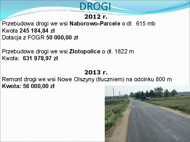 DROGI 2012 r. Przebudowa drogi we wsi Naborowo-Parcele o dł. 615 mb Kwota 245