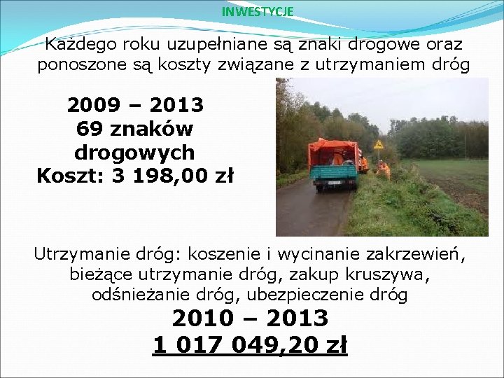 INWESTYCJE Każdego roku uzupełniane są znaki drogowe oraz ponoszone są koszty związane z utrzymaniem