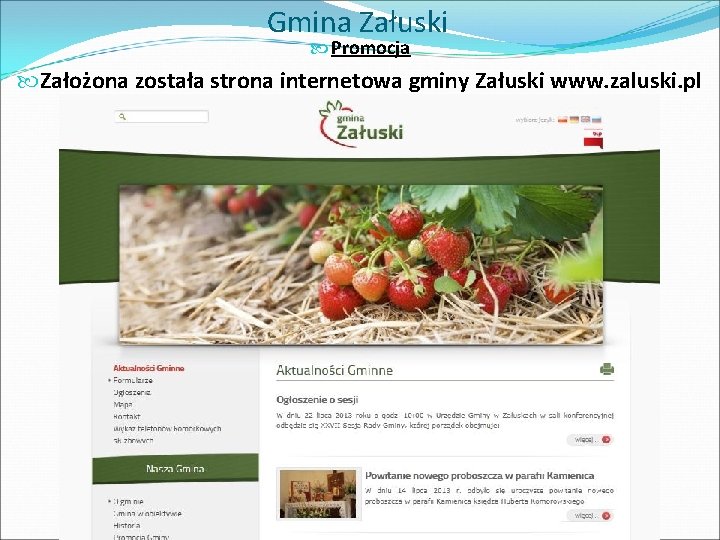 Gmina Załuski Promocja Założona została strona internetowa gminy Załuski www. zaluski. pl 