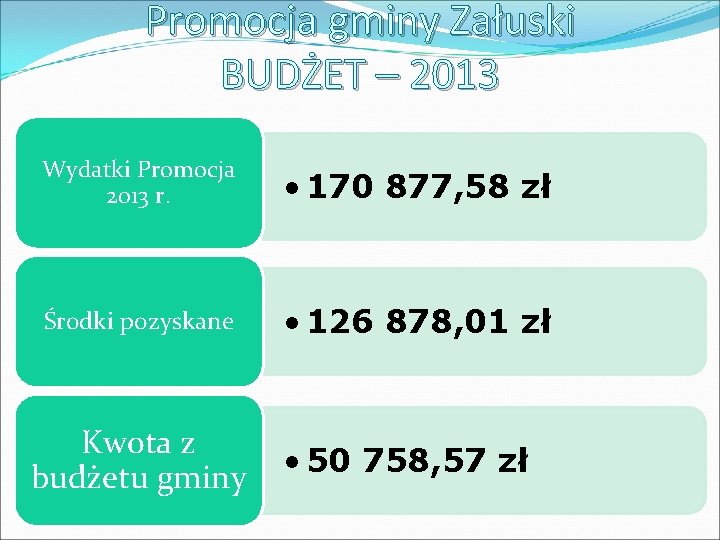 Promocja gminy Załuski BUDŻET – 2013 Wydatki Promocja 2013 r. • 170 877, 58