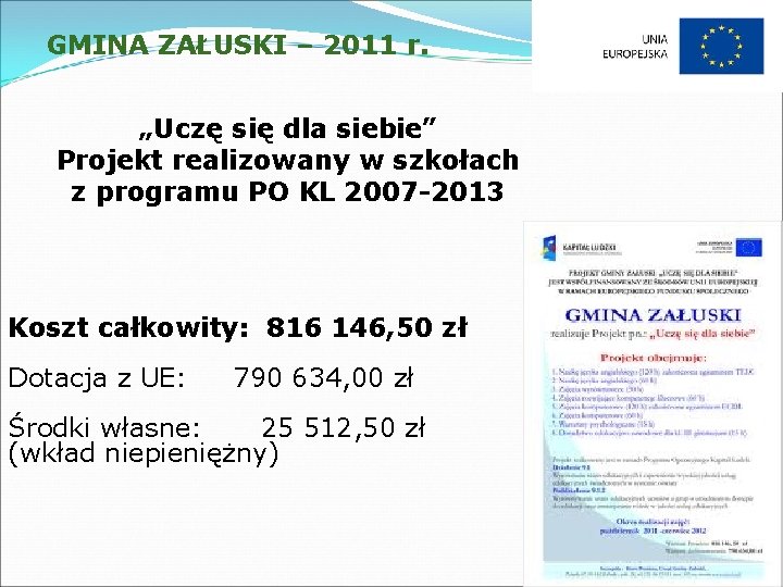 GMINA ZAŁUSKI – 2011 r. „Uczę się dla siebie” Projekt realizowany w szkołach z