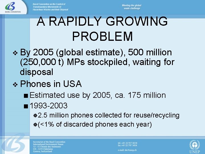 A RAPIDLY GROWING PROBLEM v By 2005 (global estimate), 500 million (250, 000 t)