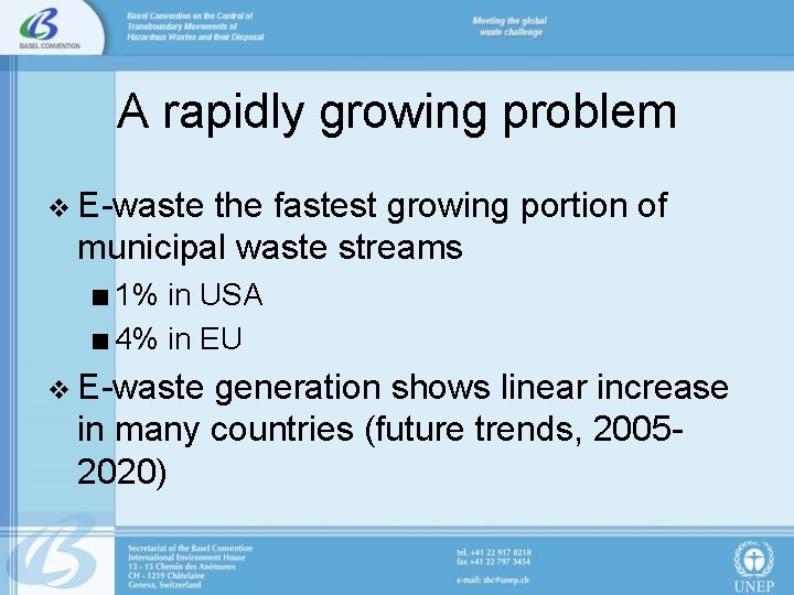 A rapidly growing problem v E-waste the fastest growing portion of municipal waste streams