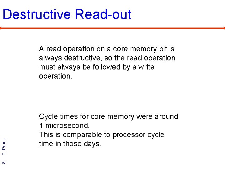 Destructive Read-out 8 C. Pronk A read operation on a core memory bit is