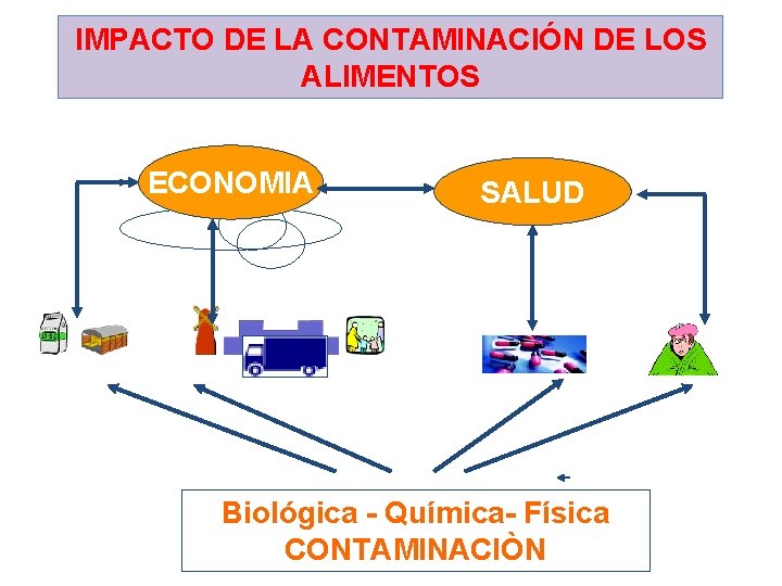 IMPACTO DE LA CONTAMINACIÓN DE LOS ALIMENTOS ECONOMIA SALUD Biológica - Química- Física CONTAMINACIÒN