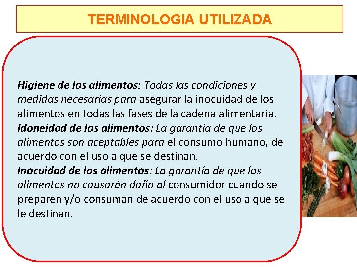 TERMINOLOGIA UTILIZADA Higiene de los alimentos: Todas las condiciones y medidas necesarias para asegurar