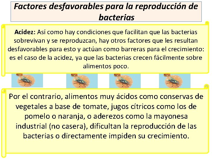 Factores desfavorables para la reproducción de bacterias Acidez: Así como hay condiciones que facilitan