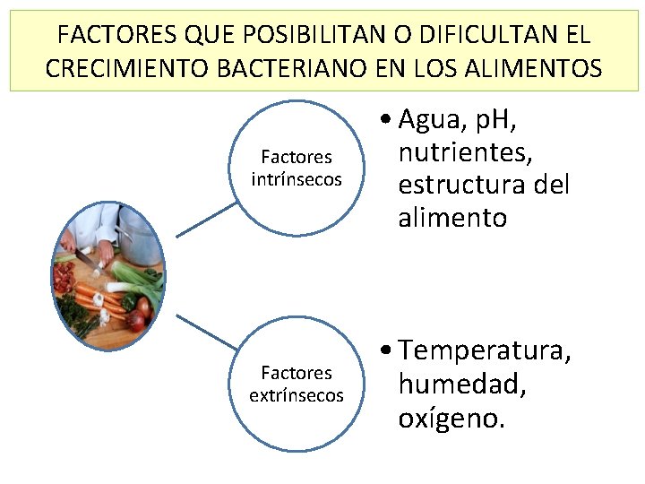 FACTORES QUE POSIBILITAN O DIFICULTAN EL CRECIMIENTO BACTERIANO EN LOS ALIMENTOS Factores intrínsecos •