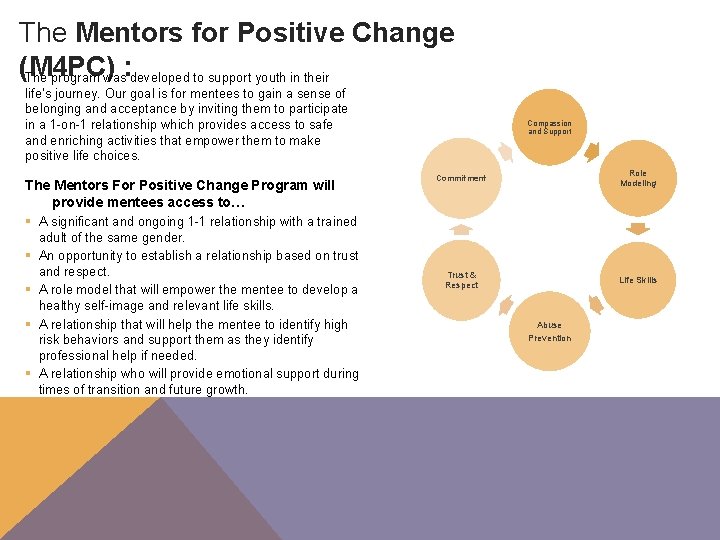 The Mentors for Positive Change (M 4 PC) The program was: developed to support