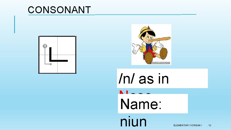 CONSONANT /n/ as in Nose Name: niun ELEMENTARY KOREAN I . 12 