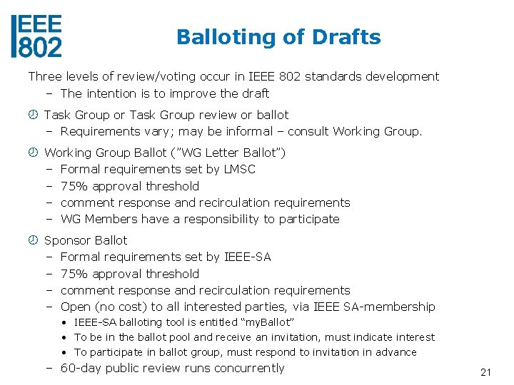 Balloting of Drafts Three levels of review/voting occur in IEEE 802 standards development –