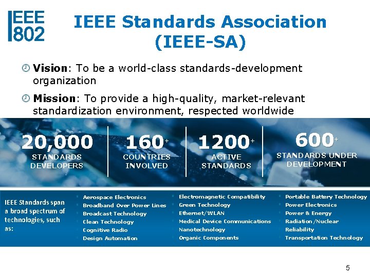 IEEE Standards Association (IEEE-SA) Vision: To be a world-class standards-development organization Mission: To provide