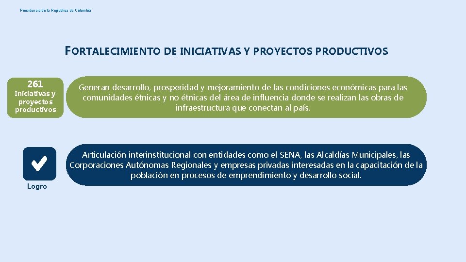 Presidencia de la República de Colombia FORTALECIMIENTO DE INICIATIVAS Y PROYECTOS PRODUCTIVOS 261 Iniciativas Presidencia de la República de Colombia FORTALECIMIENTO DE INICIATIVAS Y PROYECTOS PRODUCTIVOS 261 Iniciativas