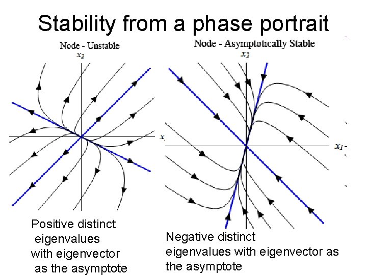 Stability from a phase portrait Positive distinct eigenvalues with eigenvector as the asymptote Negative