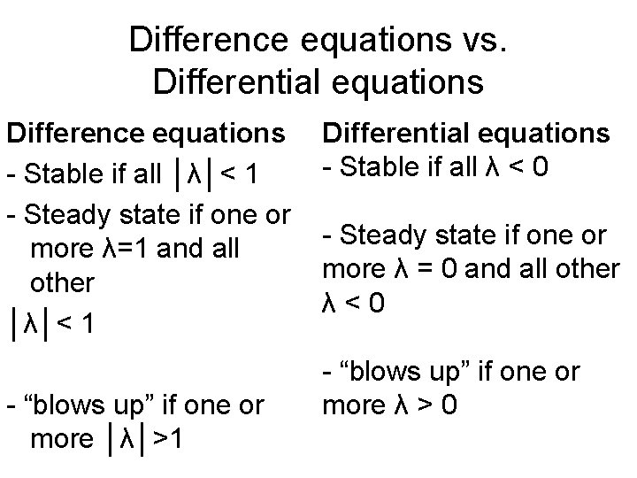 Difference equations vs. Differential equations Difference equations - Stable if all │λ│< 1 -