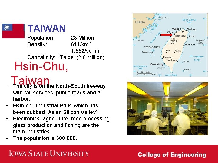 TAIWAN Population: Density: 23 Million 641/km 2 1, 662/sq mi Capital city: Taipei (2. TAIWAN Population: Density: 23 Million 641/km 2 1, 662/sq mi Capital city: Taipei (2.