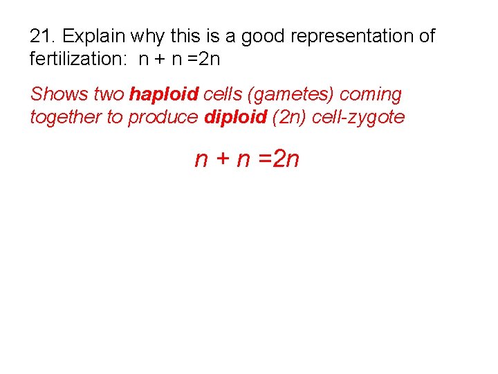 21. Explain why this is a good representation of fertilization: n + n =2