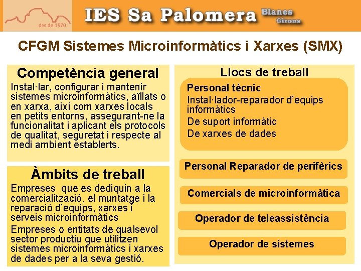 CFGM Sistemes Microinformàtics i Xarxes (SMX) Competència general Instal·lar, configurar i mantenir sistemes microinformàtics,