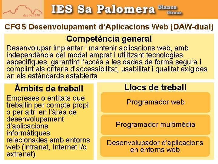 CFGS Desenvolupament d’Aplicacions Web (DAW-dual) Competència general Desenvolupar implantar i mantenir aplicacions web, amb
