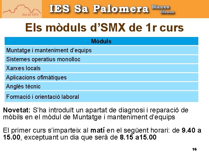 Els mòduls d’SMX de 1 r curs Mòduls Muntatge i manteniment d’equips Sistemes operatius