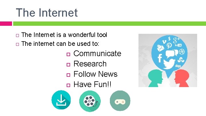 The Internet is a wonderful tool The internet can be used to: Communicate Research