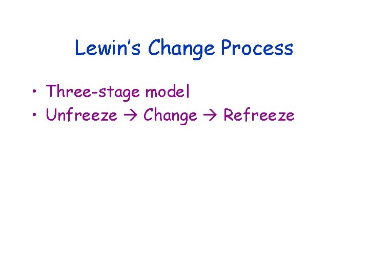 Lewin’s Change Process • Three-stage model • Unfreeze Change Refreeze 