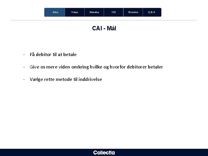 Intro Video Mønstre CAI Robotics Q&A CAI - Mål - Få debitor til at
