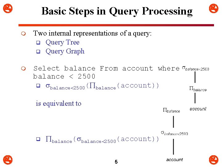  Basic Steps in Query Processing m Two internal representations of a query: q