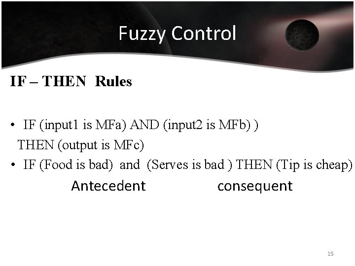 Fuzzy Control IF – THEN Rules • IF (input 1 is MFa) AND (input