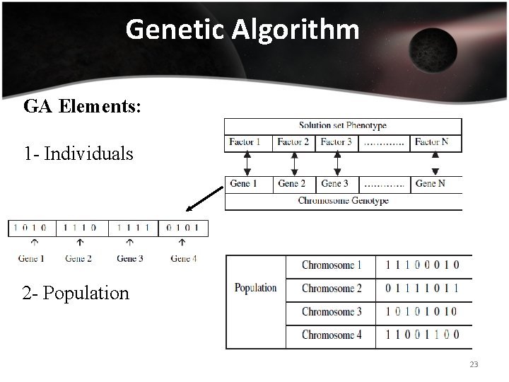 Genetic Algorithm GA Elements: 1 - Individuals 2 - Population 23 