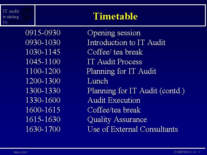 IT audit training Timetable for 0915 -0930 -1030 -1145 1045 -1100 -1200 -1300 -1330